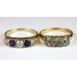 A yellow metal (tested minimum 9ct gold) sapphire and white stone set ring (P) together with an 18ct