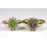A 9ct yellow gold peridot and white stone cluster ring (O) together with a further yellow metal (