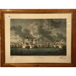 A large reproduction maple framed lithograph of an 18th century naval battle scene, 88cm x 71cm.