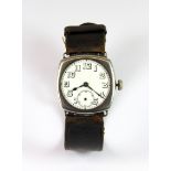 A 1930's gentleman's silver (stamped 0.935) wrist watch on a leather strap.