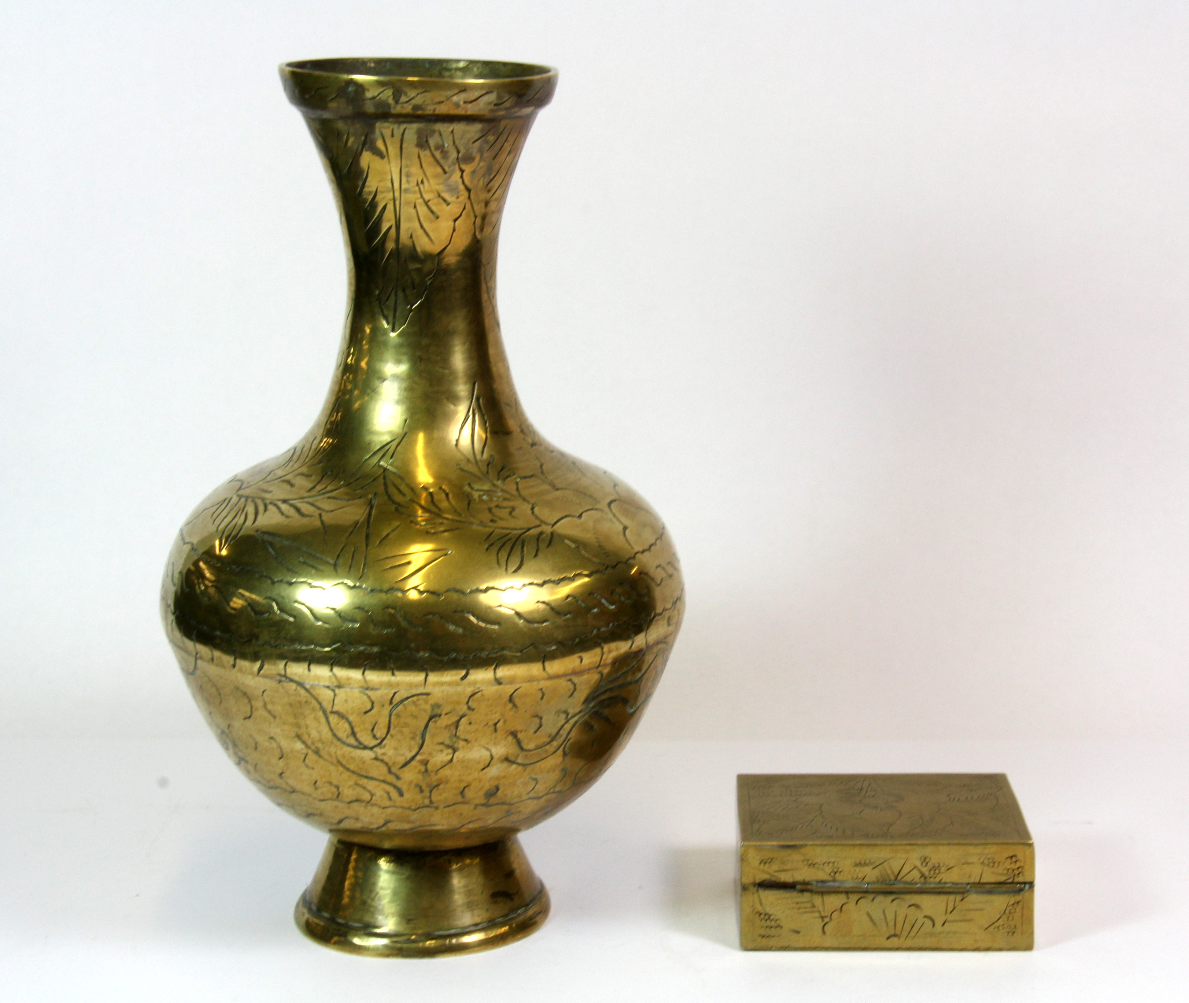 An early 20th century engraved brass Chinese vase and a small rectangular brass box, vase H. 25cm. - Image 2 of 3