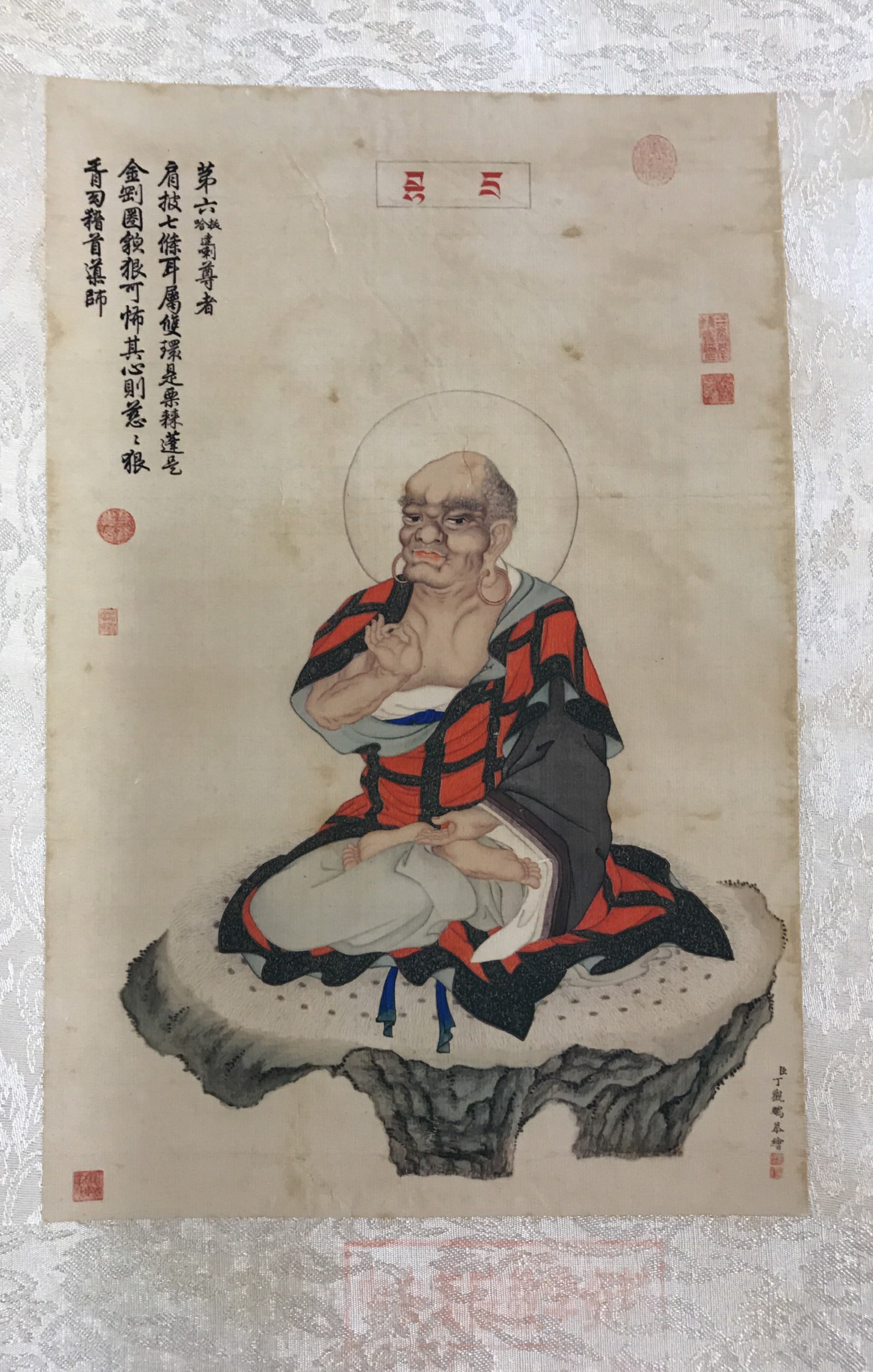 A set of fifteen fine Chinese woodblock style prints, mounted on silk, of Lohan, 27cm x 41cm. - Image 2 of 4