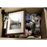 A box of mixed china and other items.