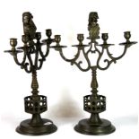 Judaic Interest. A pair of rare 18th century central European bronze candelabra, H. 53cm.