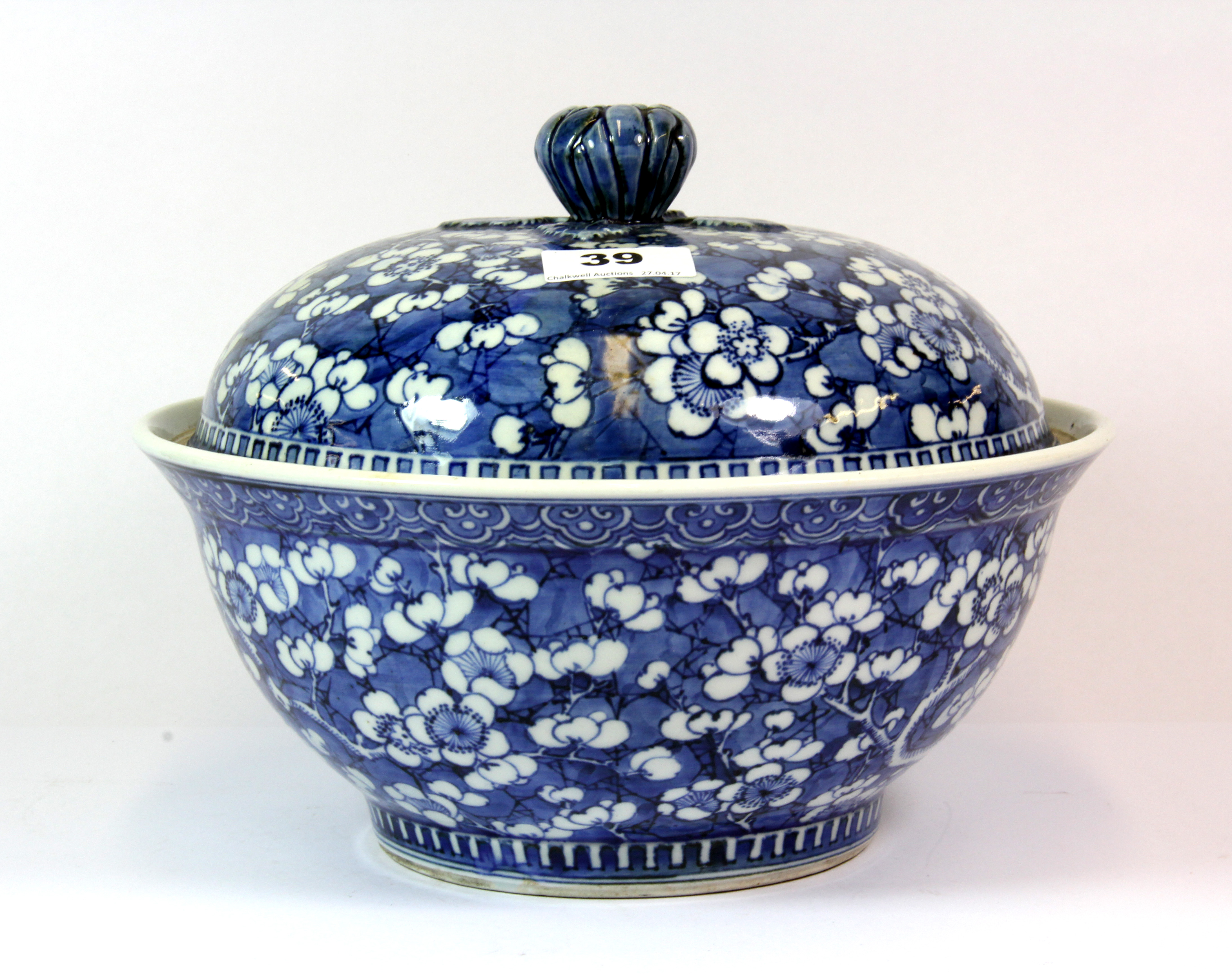 A hand painted 19th/early 20th century Chinese porcelain prunus pattern bowl and cover, H. 21cm,