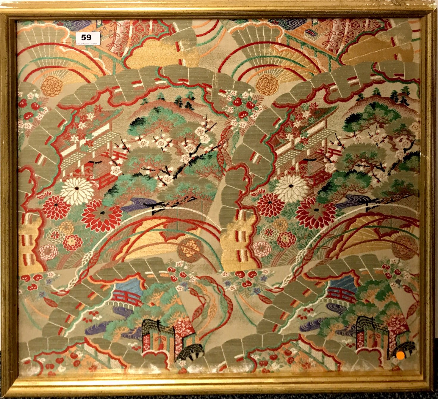 A lovely gilt framed Japanese woven silk, 69cm x 62cm.