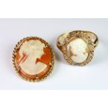 A 9ct yellow gold mounted cameo brooch (L. 2.7cm) together with a 9ct yellow gold cameo ring (V).