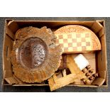 A box of mixed wooden items.