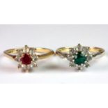 Two 9ct yellow gold stone set cluster rings (N.5 & O).