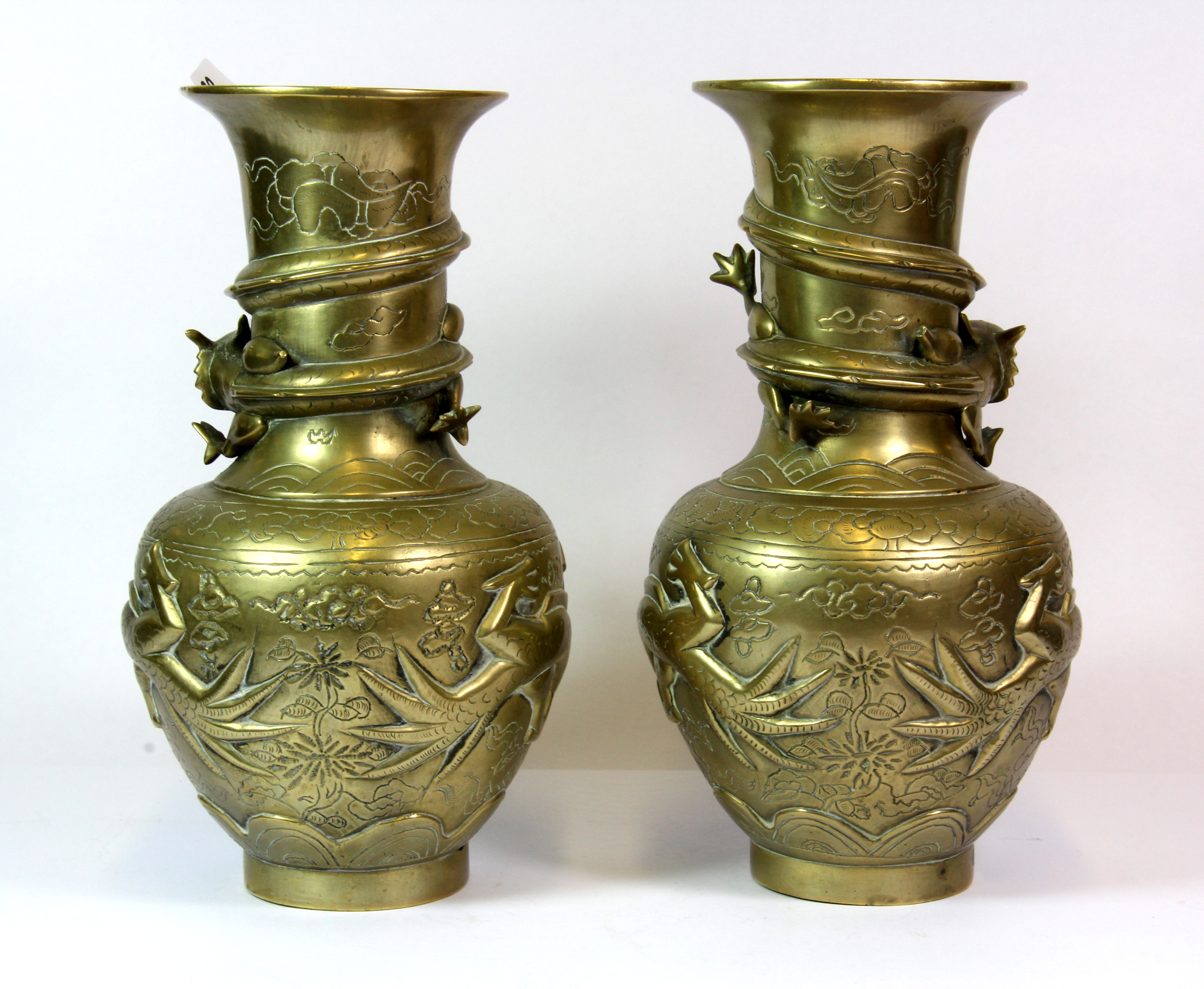 A pair of early 20th century brass / bronze dragon vases, H. 24cm. - Image 3 of 4