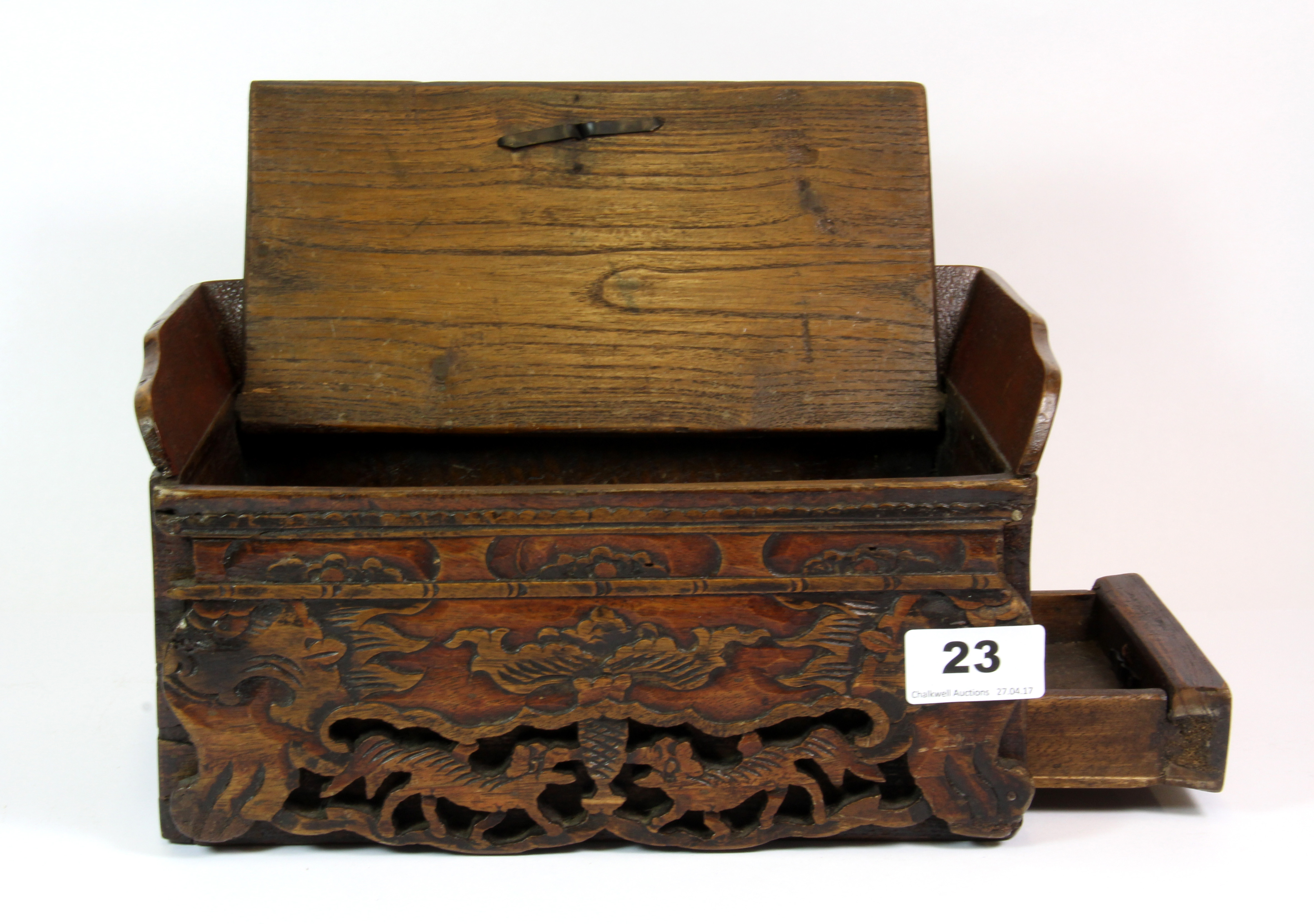 A 19th century Chinese carved wooden desk stand in the form of a throne, 25cm x 15cm x 15cm. - Image 2 of 2