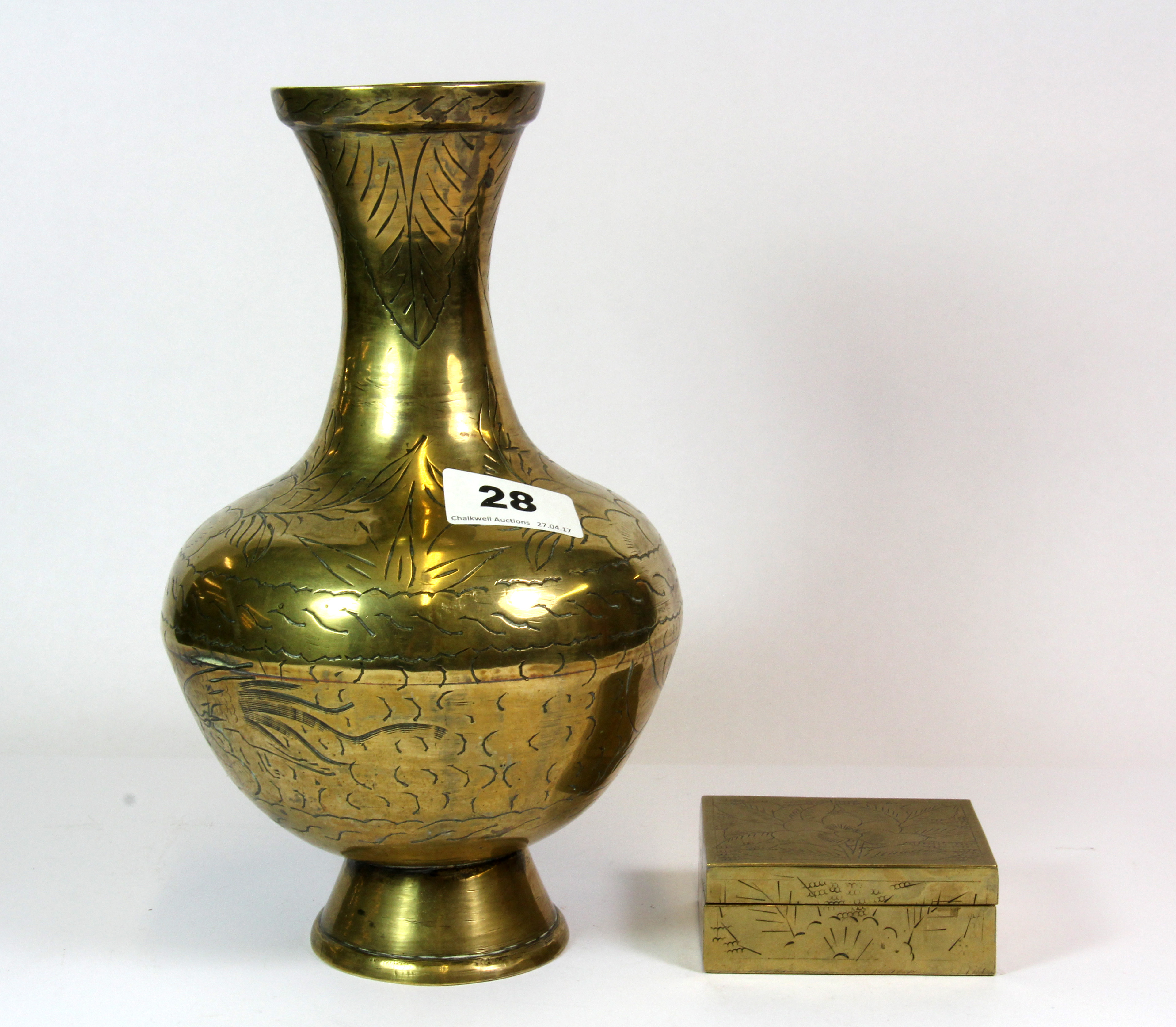 An early 20th century engraved brass Chinese vase and a small rectangular brass box, vase H. 25cm.