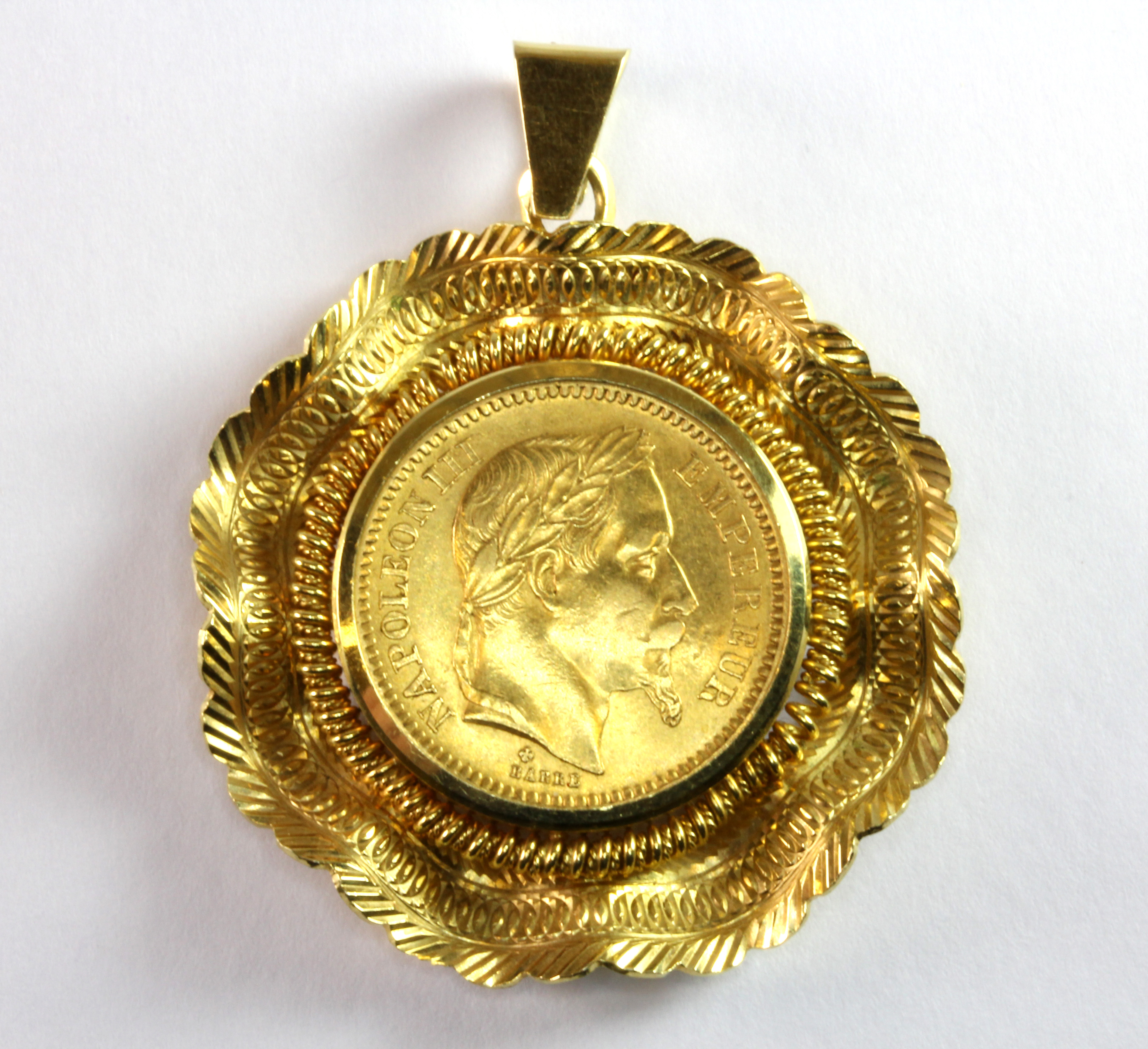 A Napoleon III 20 Franc gold coin dated 1863 mounted as pendant on 9ct yellow gold, Dia. 3.8cm.