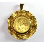 A Napoleon III 20 Franc gold coin dated 1863 mounted as pendant on 9ct yellow gold, Dia. 3.8cm.