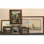 A framed Thames Barge watercolour and other Leigh on Sea related paintings and prints.