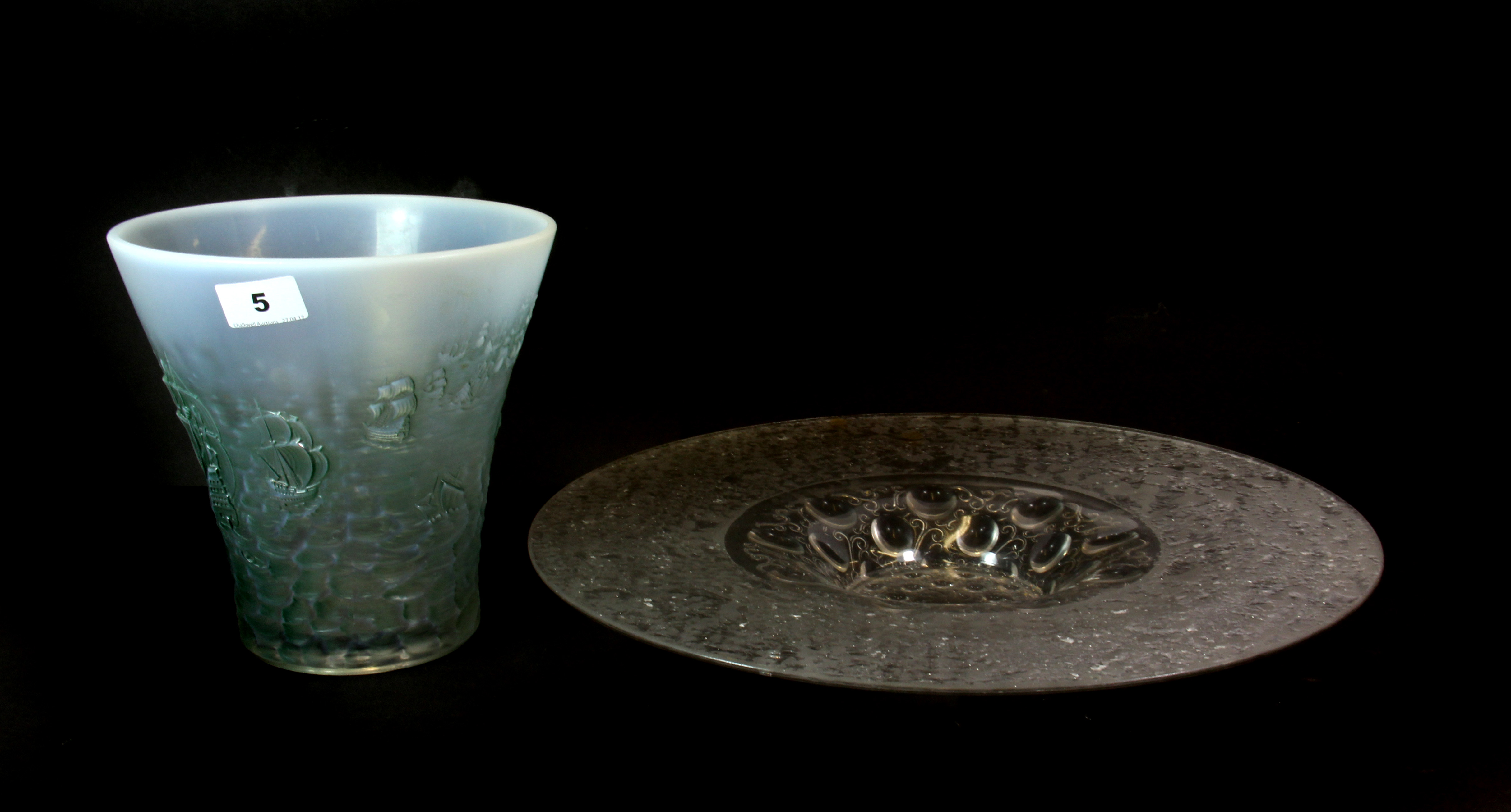 An interesting relief decorated opaline glass vase, H. 21cm, with a frosted glass bowl, Dia. 42cm.