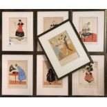 Seven framed French fashion prints, 26cm x 31cm.