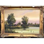 Dion Pears, a gilt framed oil on canvas of a rural scene, 90cm x 65cm.