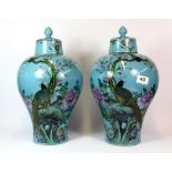 A pair of Chinese blue glazed porcelain vases, decorated with birds among foliage, Meiping shape,
