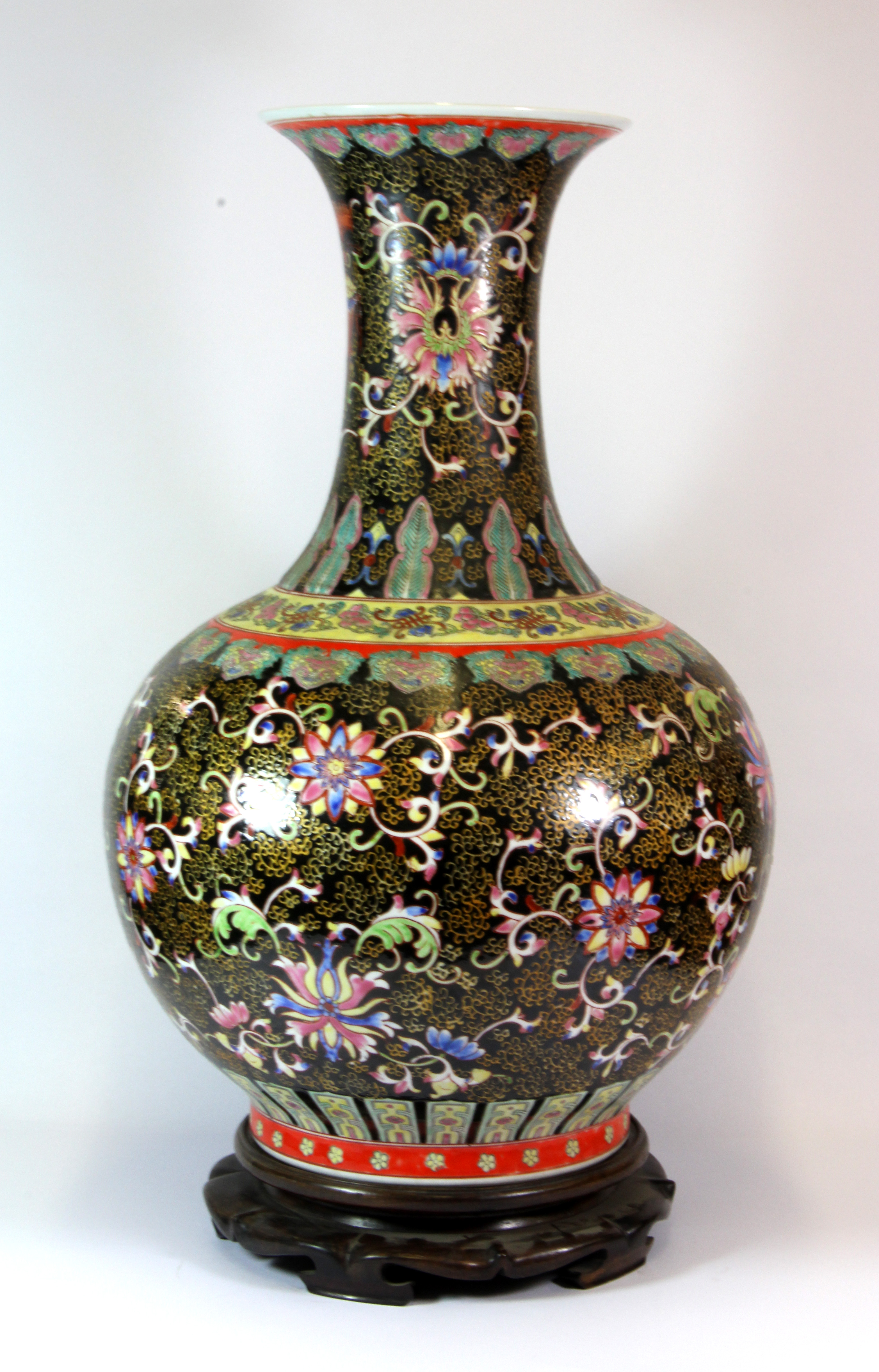 An impressive mid 20th century Chinese hand enamelled porcelain vase with hardwood stand, red four - Image 2 of 3