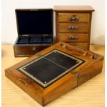 A small mahogany four drawer chest, with a walnut writing slope and brass inlaid mahogany