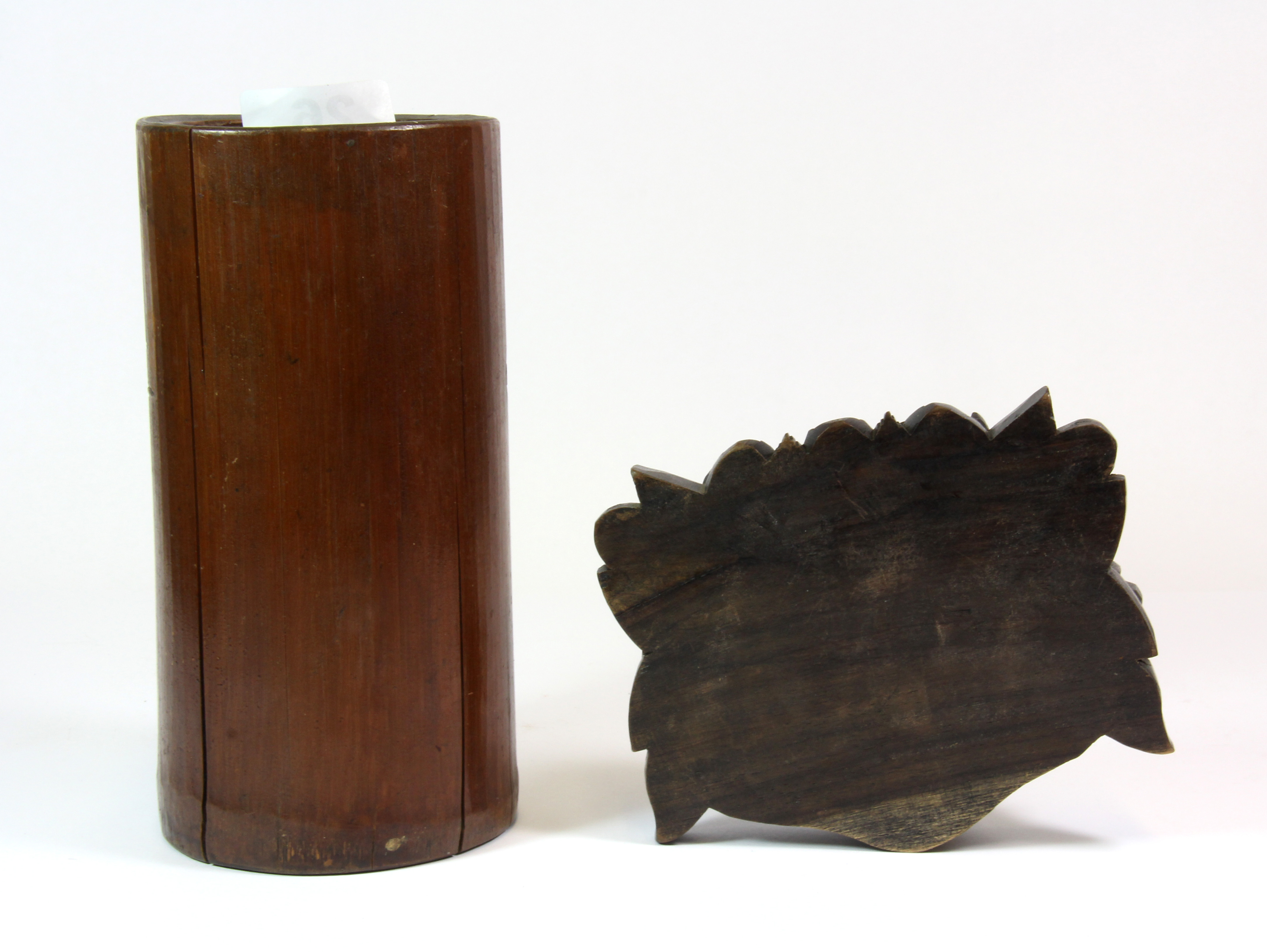 A mid 20th century Chinese bamboo brush pot, H. 19cm, together with a carved wooden ashtray. - Image 2 of 3