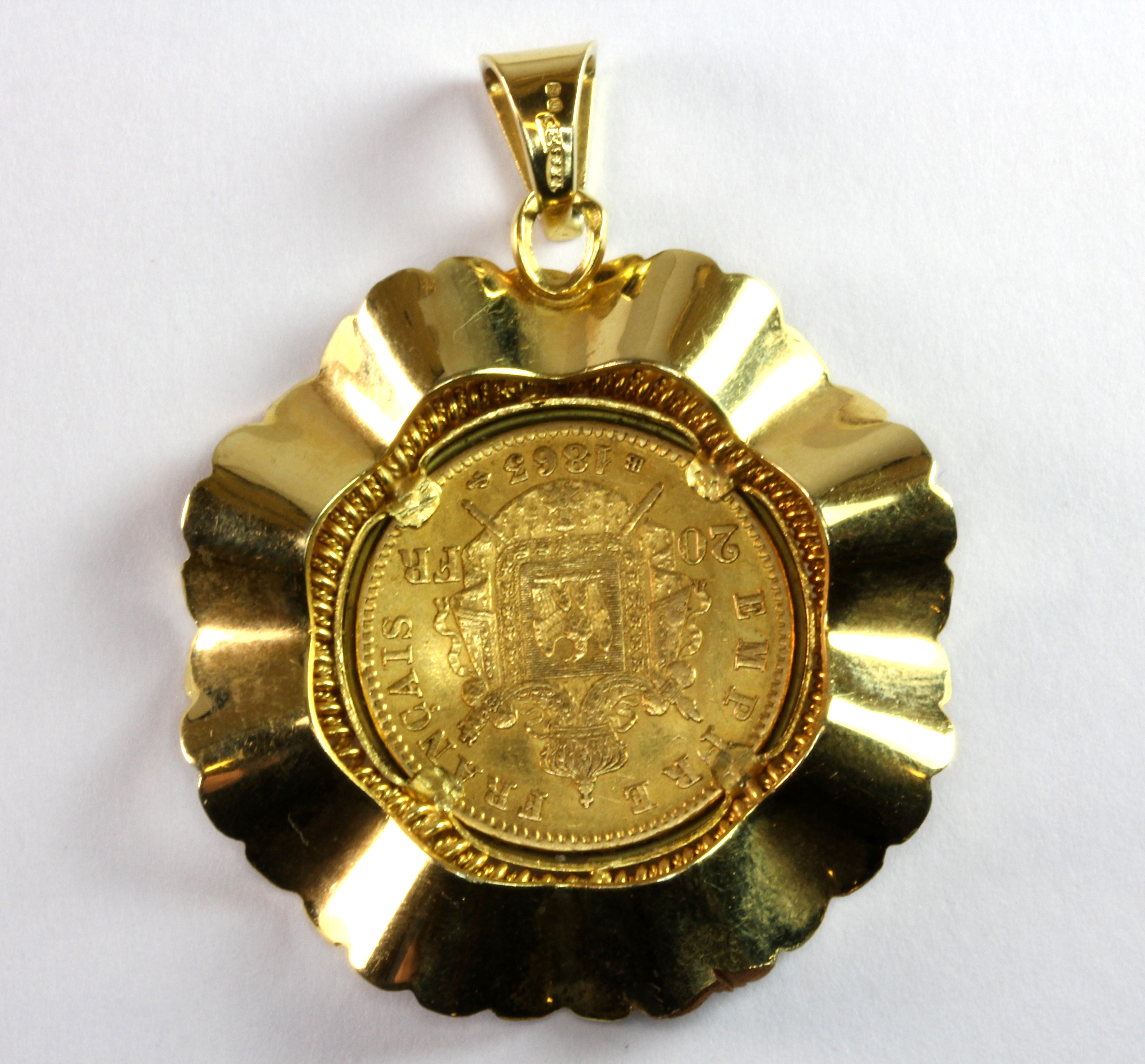 A Napoleon III 20 Franc gold coin dated 1863 mounted as pendant on 9ct yellow gold, Dia. 3.8cm. - Image 2 of 2