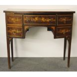 A Regency inlaid mahogany veneered sideboard with double wine cellar drawers, W. 97cm, H. 87cm, (one