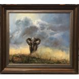 A signed framed oil on canvas of a charging bull elephant, in the style of David Shepherd, 73cm x