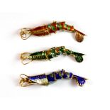 Three enamelled and gilt Chinese articulated shrimp pendants / fobs, L. 8cm.