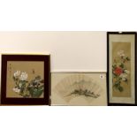 A framed signed Chinese fan panel, mounted on silk together with two framed watercolours on silk.