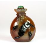 An interesting Chinese carved agate snuff bottle in the form of a rice sack, with money and mice