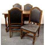 A small refectory style table and four upholstered dining chairs, 137cm x 67cm.