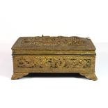 A 19th century Chinese gilt cast metal dragon box, 22cm x 15cm x 9cm, (broken hinge).