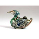 A small Chinese enamelled silvered metal snuff bottle in the shape of a duck with a frog on its