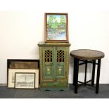 An Eastern table, an Eastern painted cabinet and other pictures and prints.