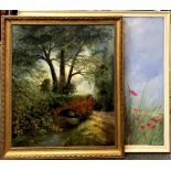 A large framed oil on board of a poppy field, 92cm x 83cm, and a oil on board of a landscape, 70cm x