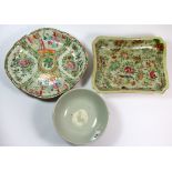 Three 19th century Chinese porcelain items (oblong dish with old restoration and Canton bowl with