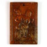 A Chinese carved erotic yellow jade/hardstone double sided panel, 5.5 x 8.5 x 0.5cm.