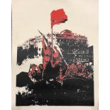 An un-mounted Chinese revolutionary wood block propaganda poster printed on heavy quality cloth