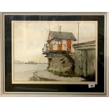 S.G Nevell, framed watercolour of Tilbury Lookout Station on the River Thames. 66 x 52cm.