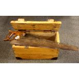 A Henry Disston & Sons, American hand saw (1896 - 1917) together with a pine tool box.