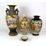 Three Japanese Satsuma vases (1 restored) and a small Satsuma tea bowl.
