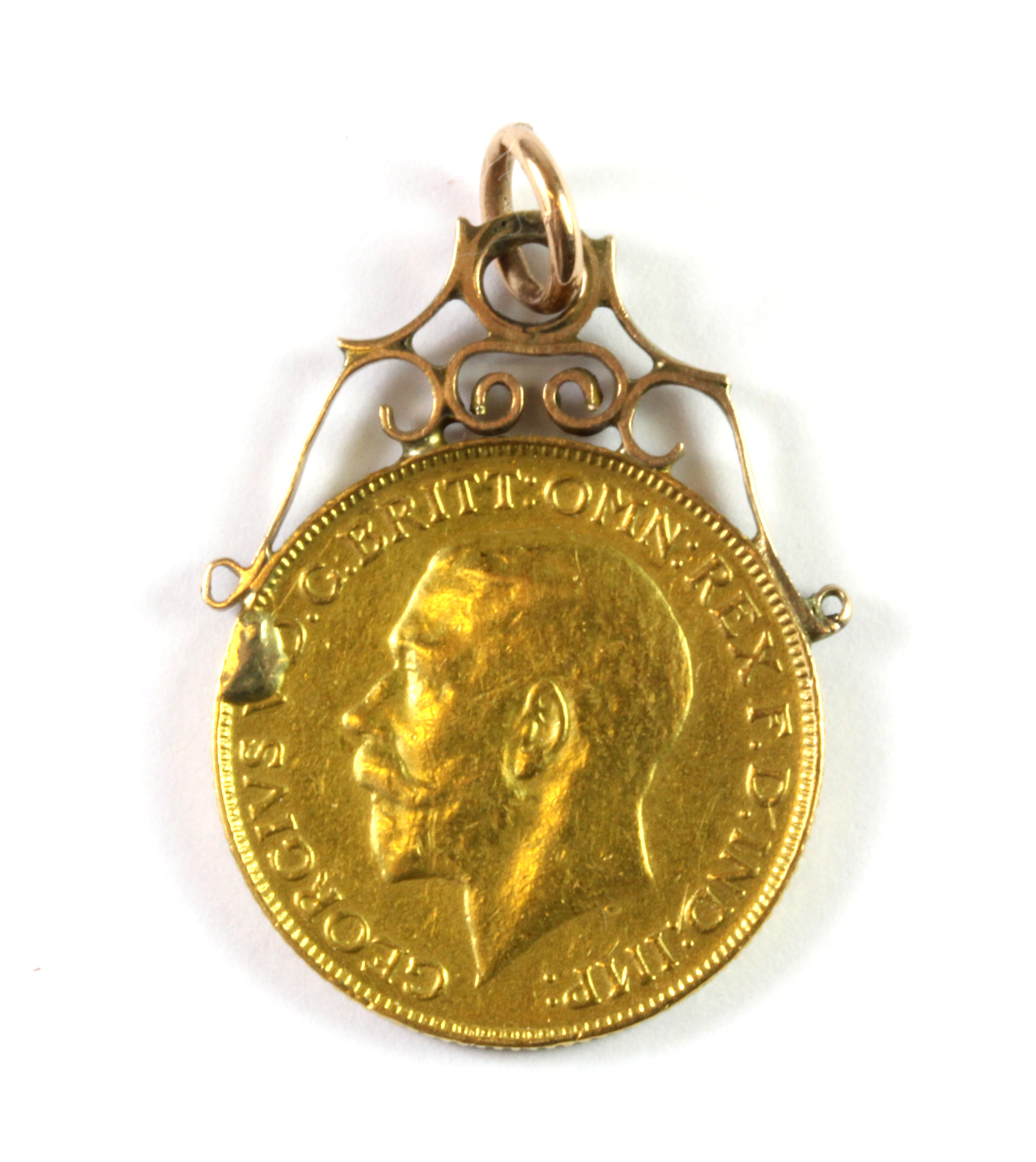 A yellow metal (tested minimum 9ct gold) mounted George V 1911 full sovereign set as a pendant. - Image 2 of 2