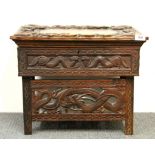 An early 20th century Chinese / Burmese carved hardwood folding monk's desk, H. 40 x 51 x 34cm.