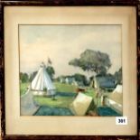 A framed 1920's watercolour of a Scout camp by Dorothy Gregg, 47 x 37cm.