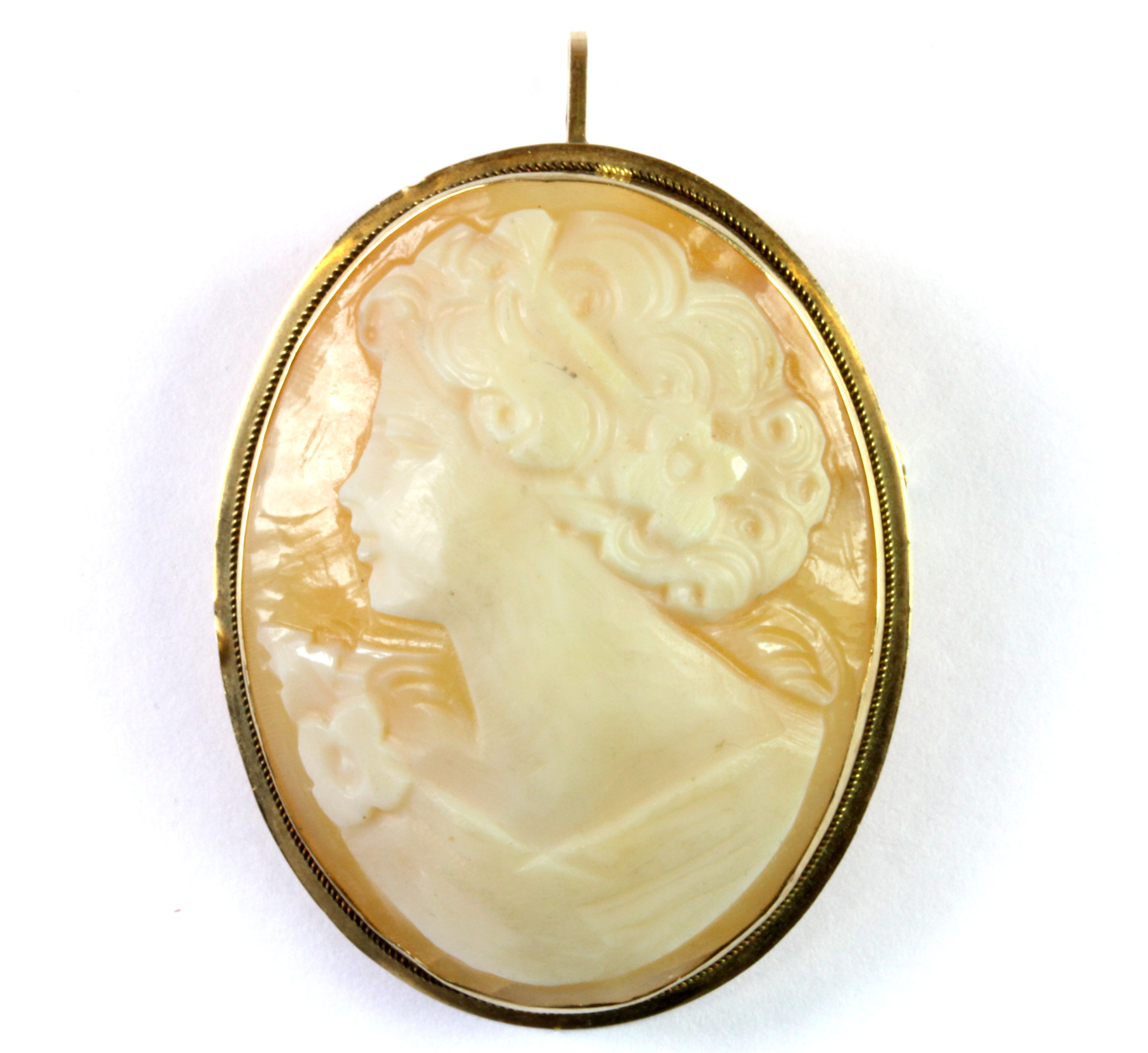 A 9ct yellow gold mounted (stamped 9k) cameo pendant / brooch, L. 3.9cm.
