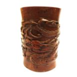 "A mid 20th century carved bamboo brush pot, H. 18cm Dia. 12cm"