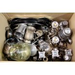 A large box of silver plate and other items.