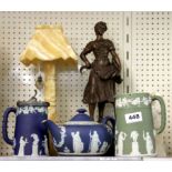 A Victorian spelter figure, a pair of Staffordshire dogs, an alabaster table lamp and three pieces